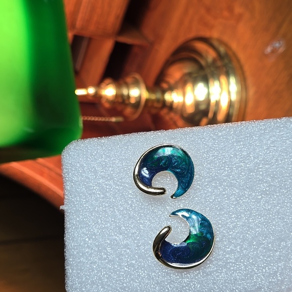 Gold and Blue Crescent Stud  Earrings - Picture 1 of 7